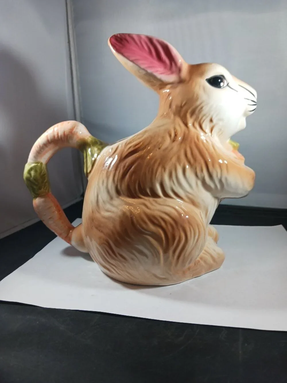 Ceramic Big Eyed Brown Bunny Rabbit Carrot Handle Pitcher Vase Easter Decor